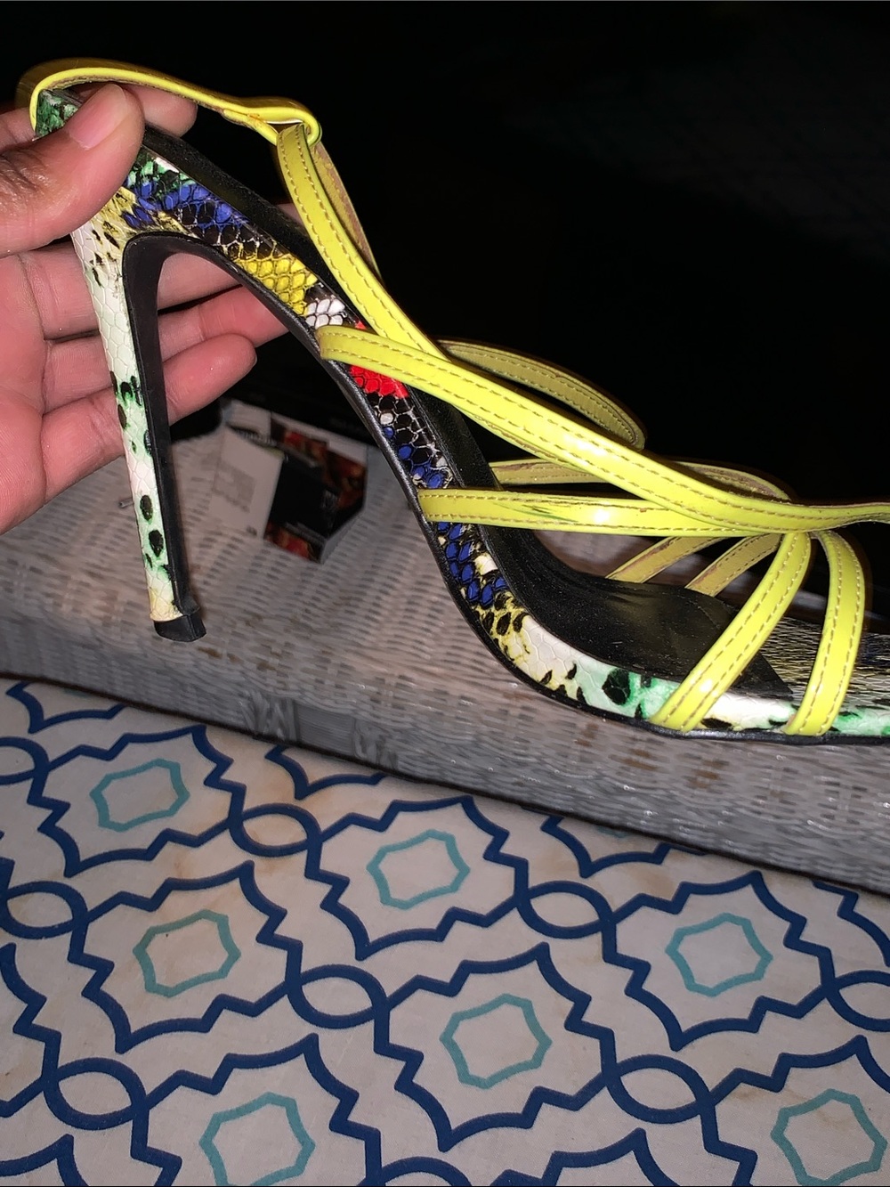 Yellow Strappy Snake-Print High Heel Sandals